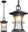 Outdoor Pendant Light, 14" H Large Hanging Lantern with Seeded Glass