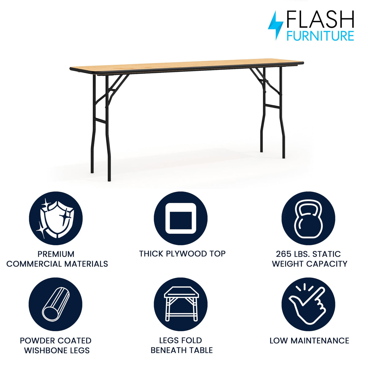 6 ft Wood Folding Banquet Table, 72" x 30", Clear Coat Finish