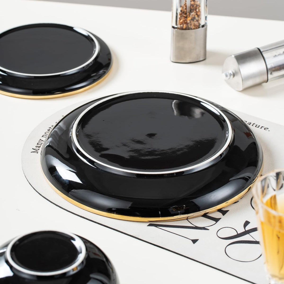 Black and Gold Ceramic Dinnerware Sets for 4, 16-Piece Luxury Plates and Bowls Sets with Gold Rim, Modern Dish Set
