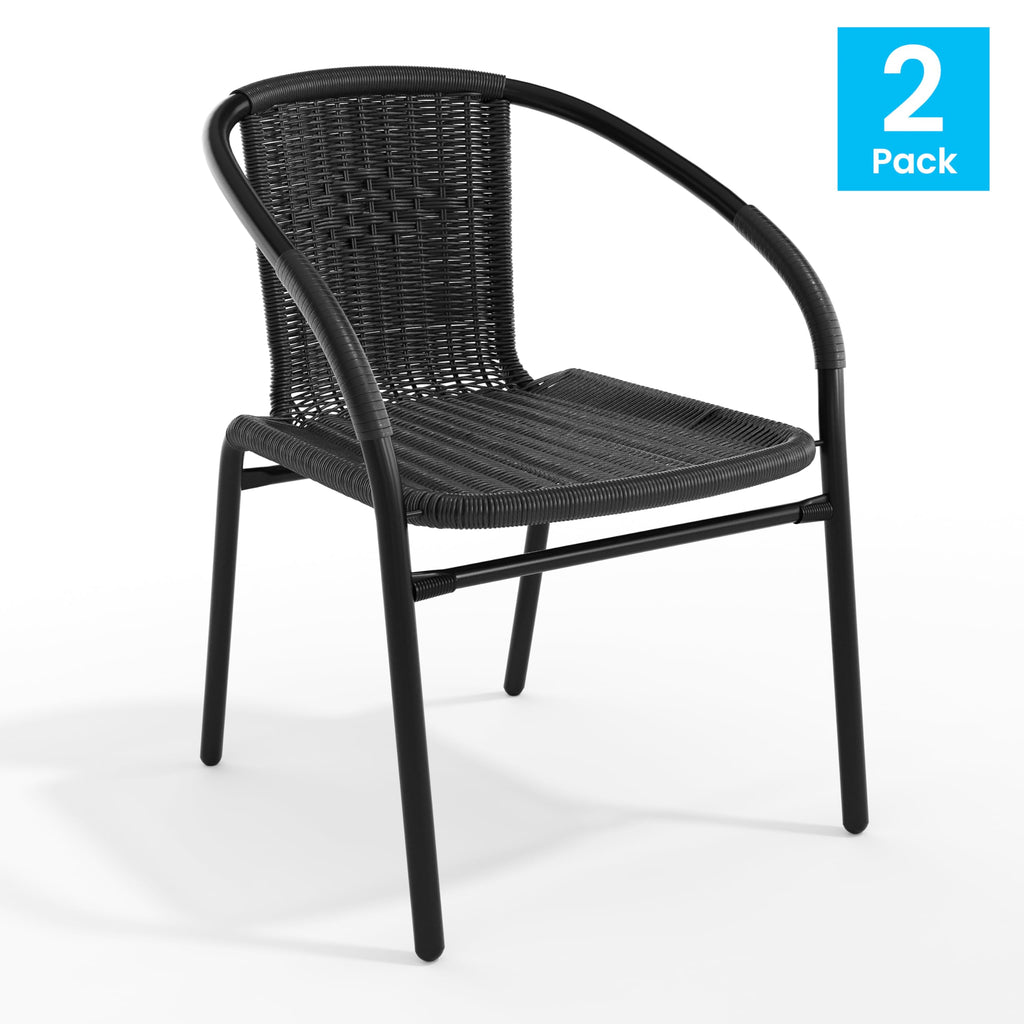 Modern Rattan Indoor/Outdoor Restaurant Dining Chairs, Stackable Rattan Bistro Chairs or Restaurant, Set of 2, Black