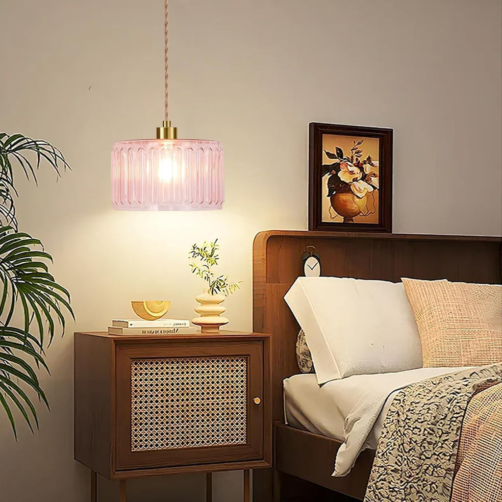 Pink Plug in Pendant Light Glass Hanging Lights with Plug in Cord Boho Hanging Lamp Gold Mid Century Modern Dimmable