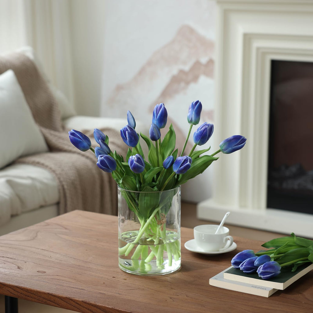 15Pcs Blue Tulips Artificial Flowers Latex Plastic Real Touch Fake Tulips Flowers Look Real Faux Tulip Flower Bouquet