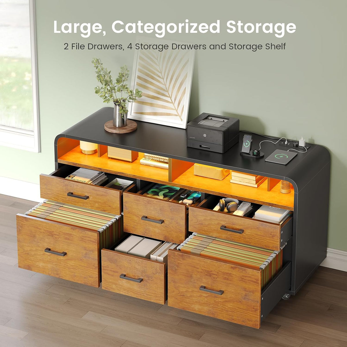 6 Drawers File Cabinet with Power Strip fits Legal/Letter/A4 Size | 47" Wood Mobile Lateral Filing Cabinet , Printer