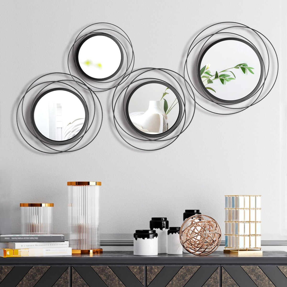 4 Pcs Decorative Round Modern Circle Mirror Wall Art Ring Metal Mirror Wall Mounted (Black)