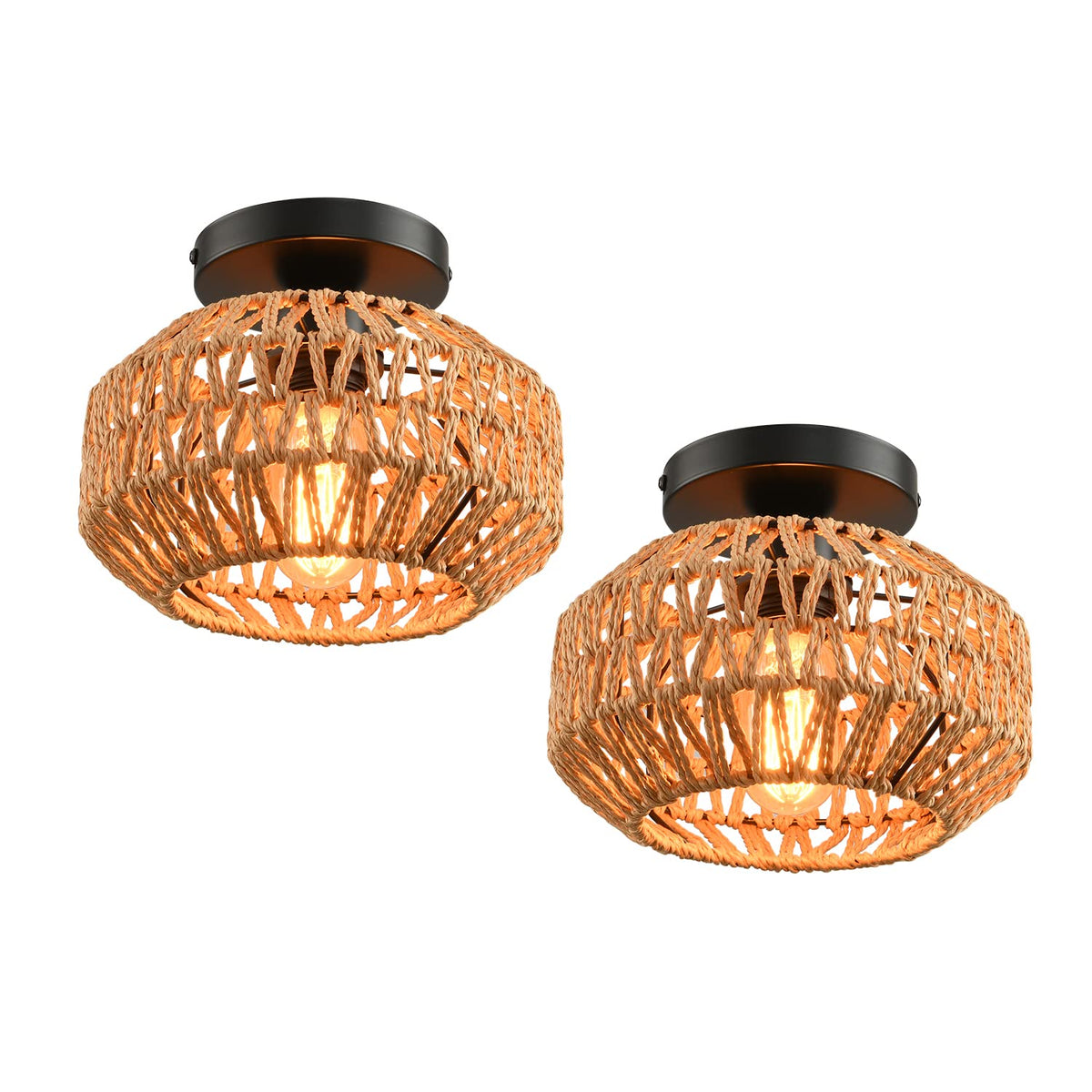 2 Pack Farmhouse Light Fixtures Ceiling Mount, Mini Rattan Boho Semi Flush Mount Ceiling Light, Hand Woven Hallway