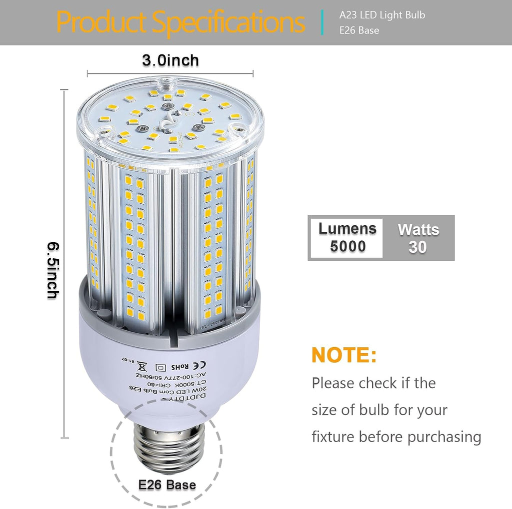 300W Equivalent LED Corn Light Bulb 5000 Lumen 5000K 30W Large Area Cool Daylight White E26/E27 Medium Base