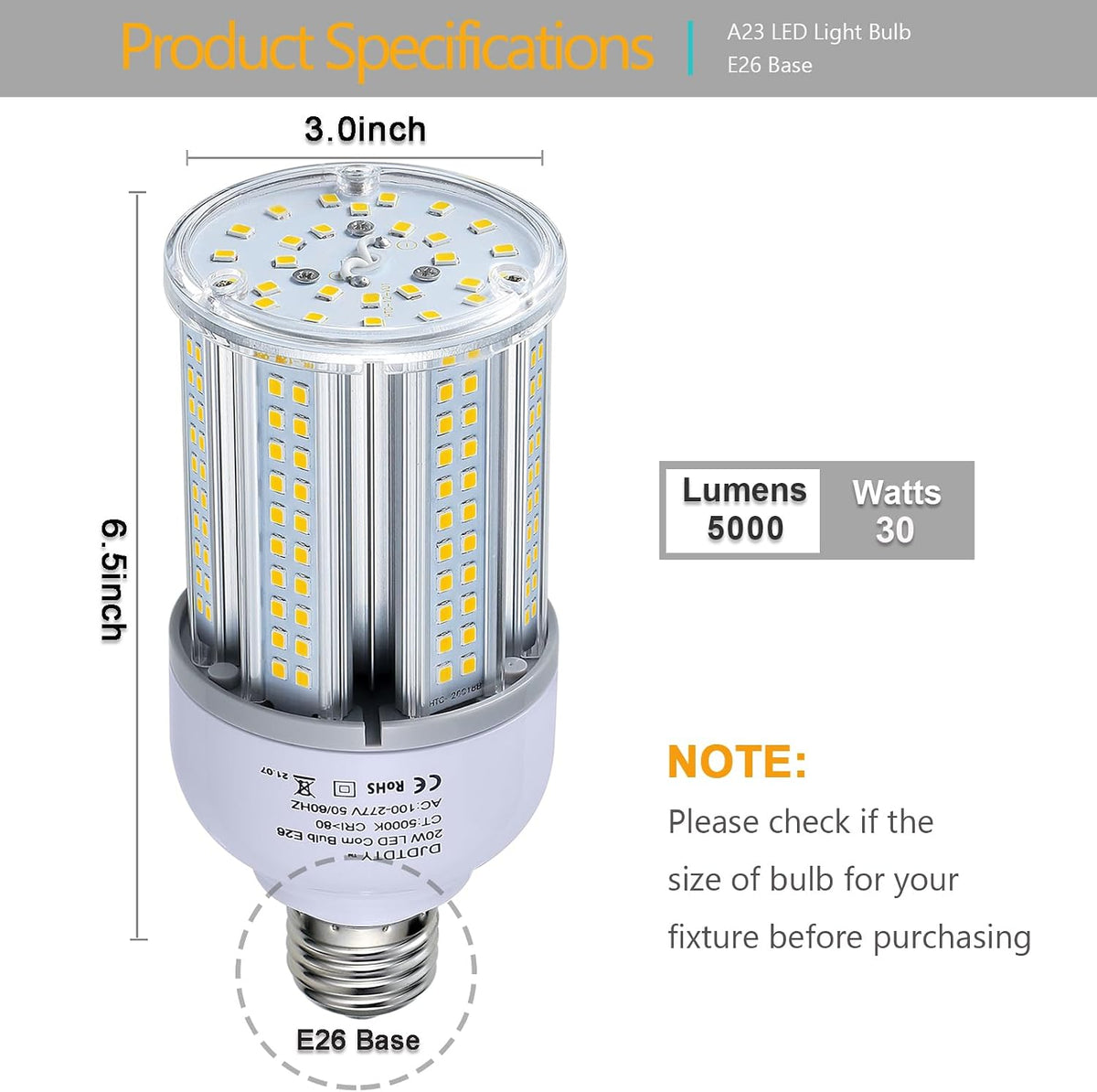 300W Equivalent LED Corn Light Bulb 5000 Lumen 5000K 30W Large Area Cool Daylight White E26/E27 Medium Base