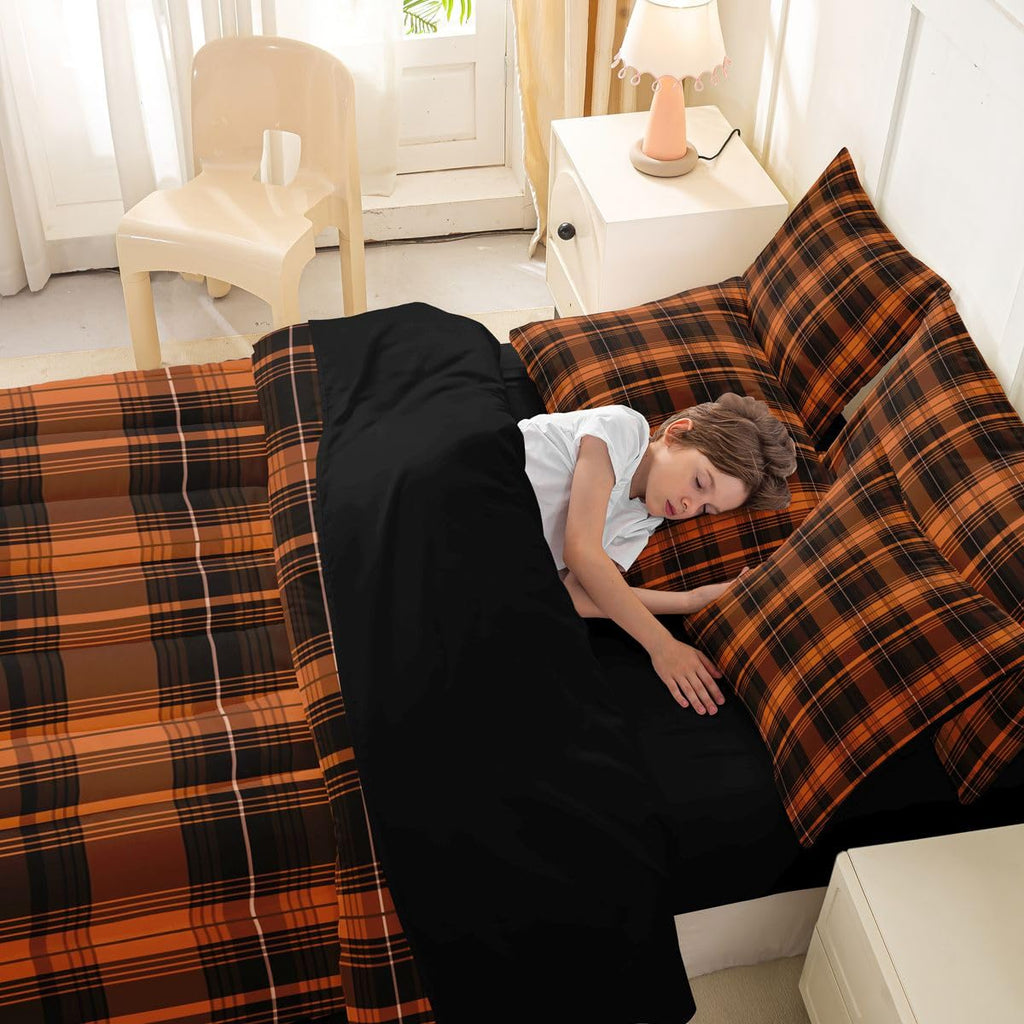 7 Piece Farmhouse Plaid Comforter Set Black Burnt Orange Classic Gingham Bedding Sets for Adults Men Women