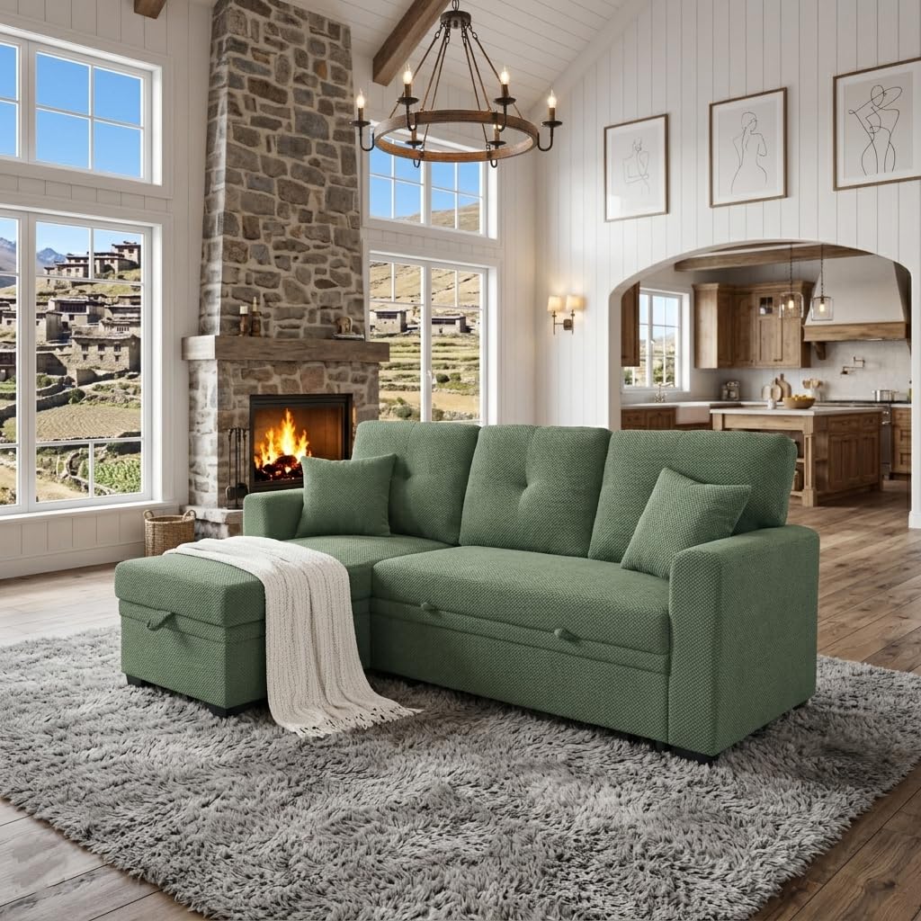 Tufted Sectional Sleeper Sofa Pull Out Couch Bed - Modern Upholstered L Shaped Convertible Sofa Bed with Chaise