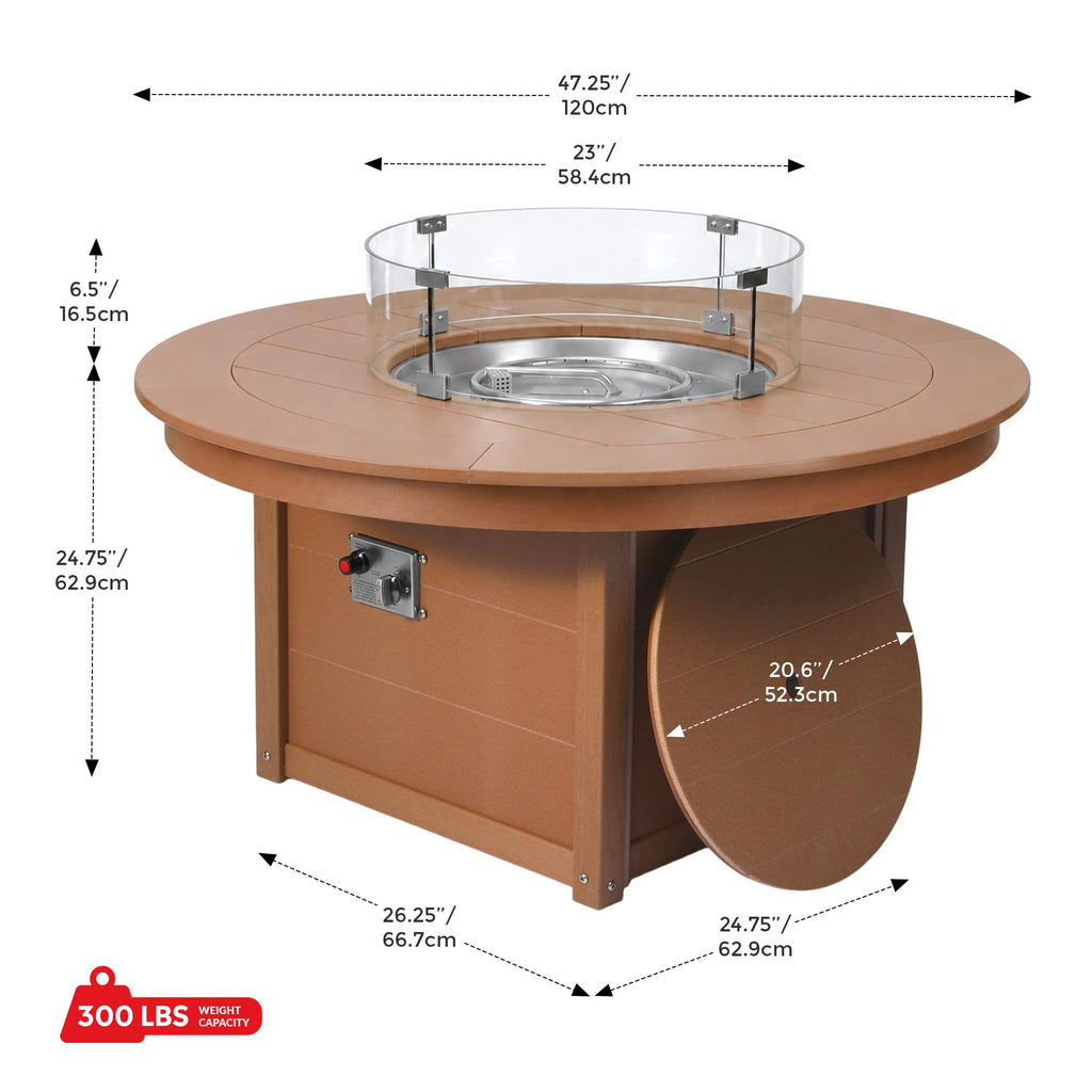 47" Modern Outdoor 55, 000 BTU Patio Backyard Round Propane Fire Pit Table (Rocks Not Included), Teak