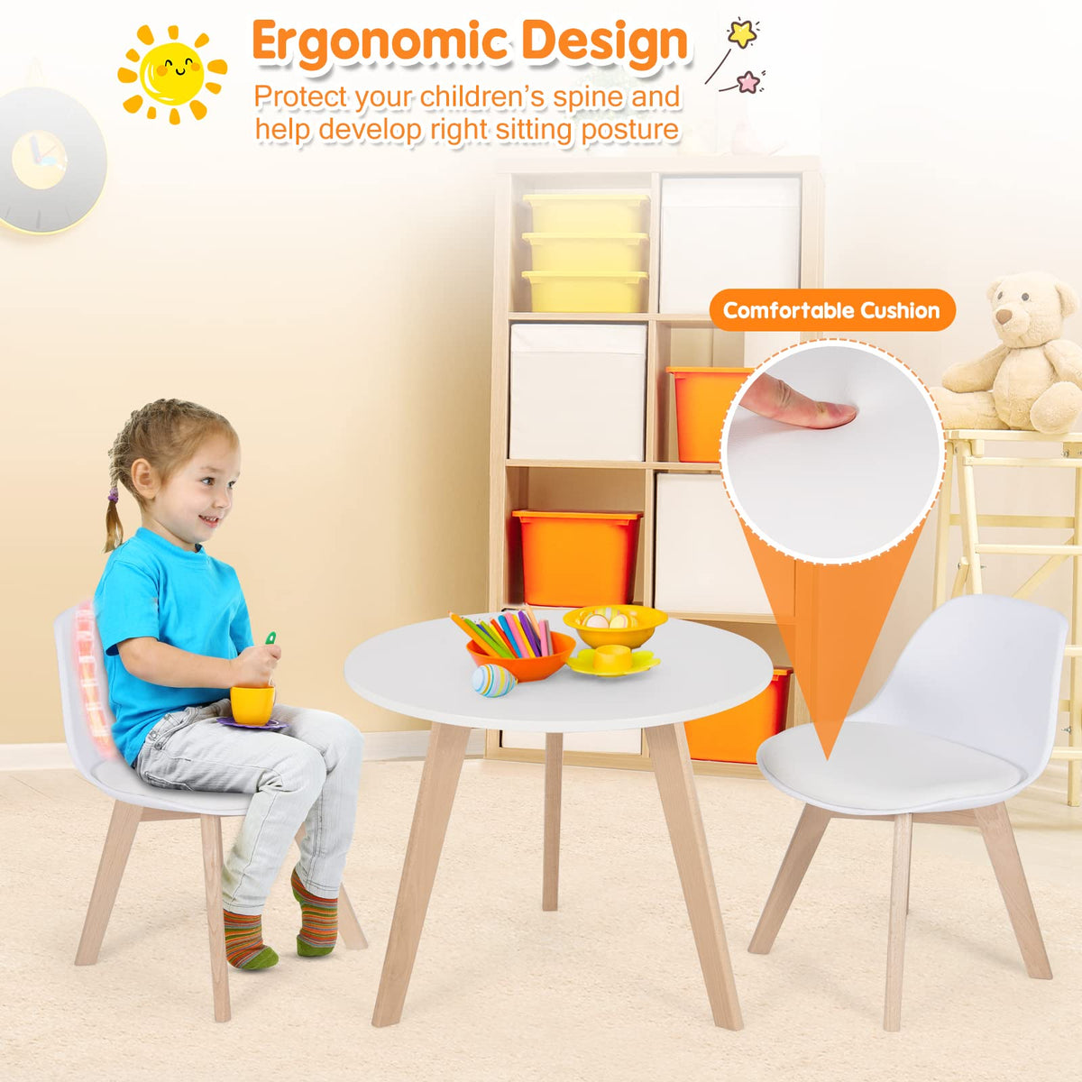 Kids Table and Chair Set, 3 PCS Wood Activity Play Table w/Padded Seat & Wood Legs for Arts, Crafts, Reading