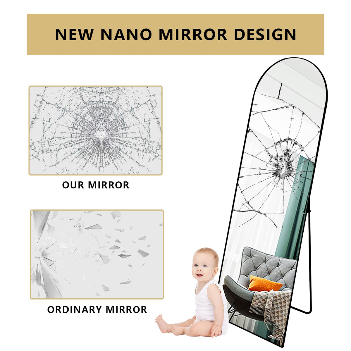 64"x21" Arch Full Length Mirror, Hanging or Leaning Arched-Top Full Body Mirror with Stand, Dressing Room, Black