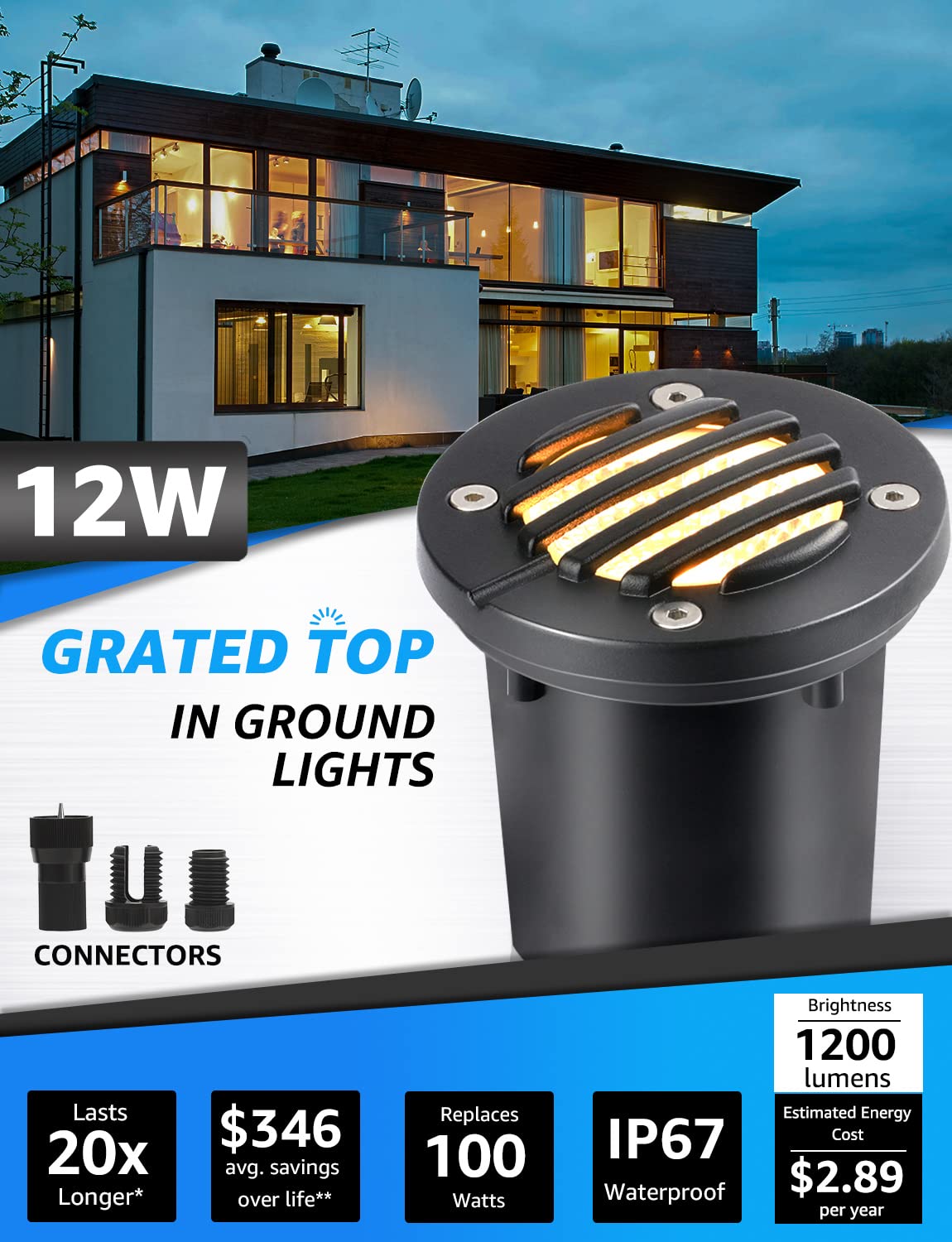 12W 3000K LED Low Voltage Landscape Well Lights, Grated Top