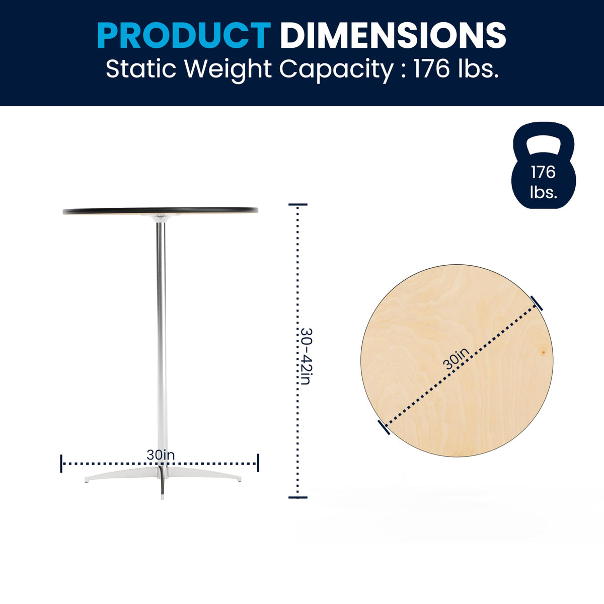Lars 30" Round Cocktail Table with 30" and 42" Columns, Adjustable Standard or Bar Height Round Table for Events or