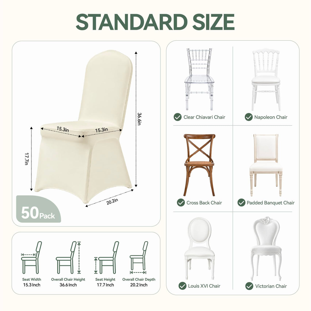 Classic Series 50PCS Spandex Dining Chair Cover, Ivory
