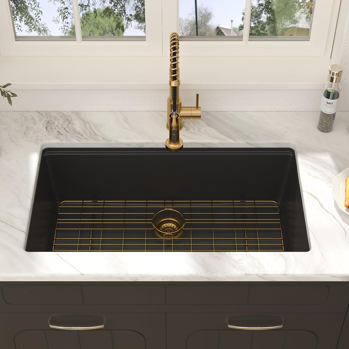 33 Inch Undermount Kitchen Sink Black Granite Composite Workstation | 33 x 19 Undermount Matte Black Kitchen Sink