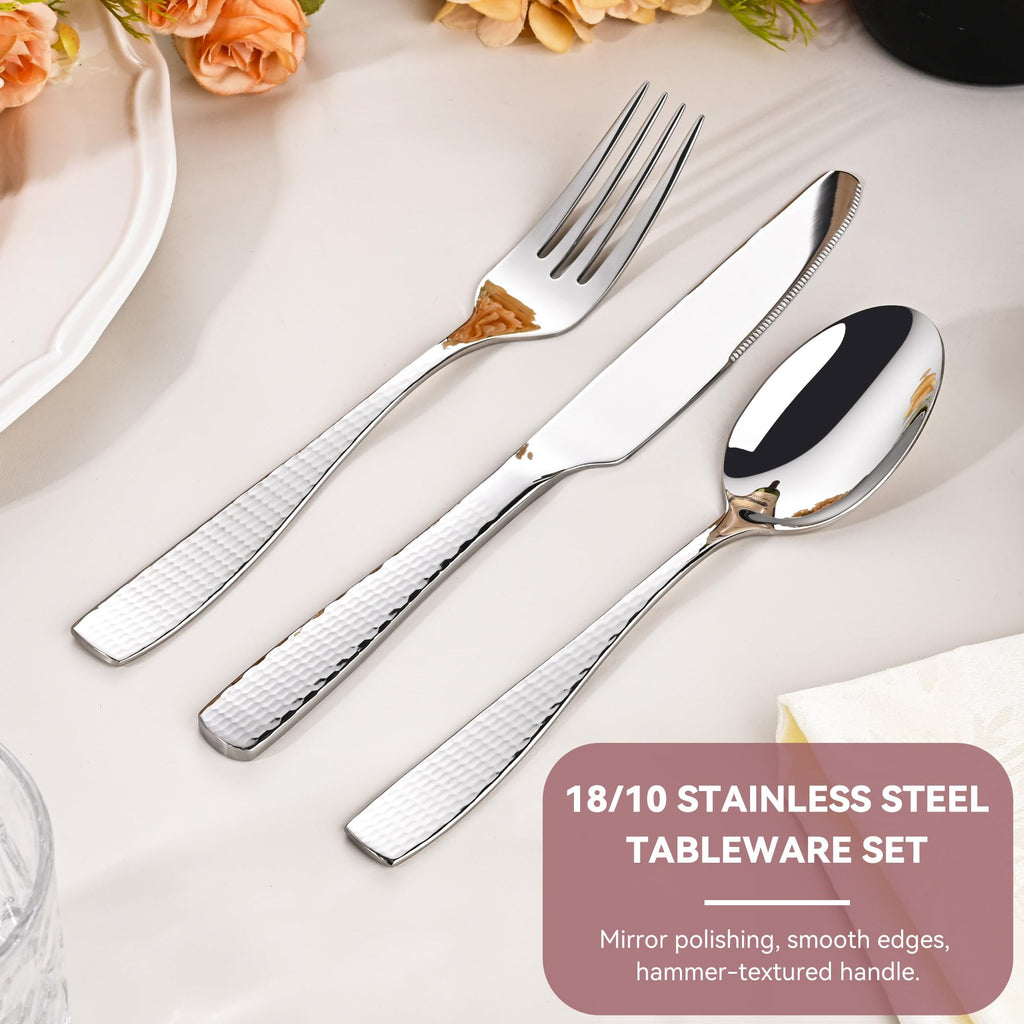 40 Piece Hammered Silverware Set for 8, 18/10 Stainless Steel Flatware