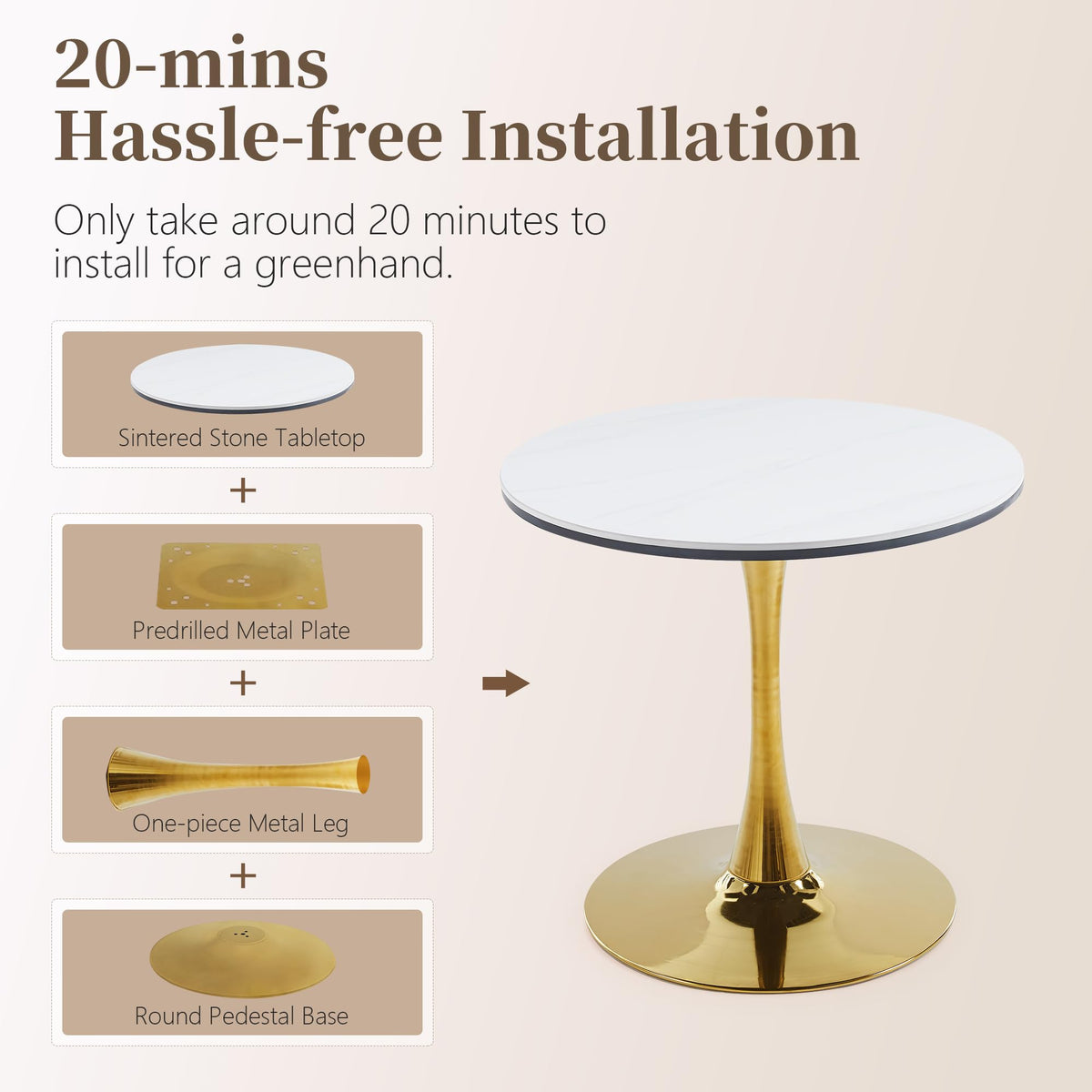 Inspired Saarinen Style 31.5" Sintered Stone Round Tulip Table with Gold Metal Pedestal
