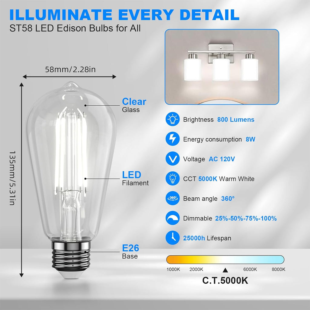E26 LED Edison Bulbs: 6-Pack 8W Equivalent 80W Dimmable LED Bulbs - Vintage ST58 5000k Daylight White - 800 Lumens
