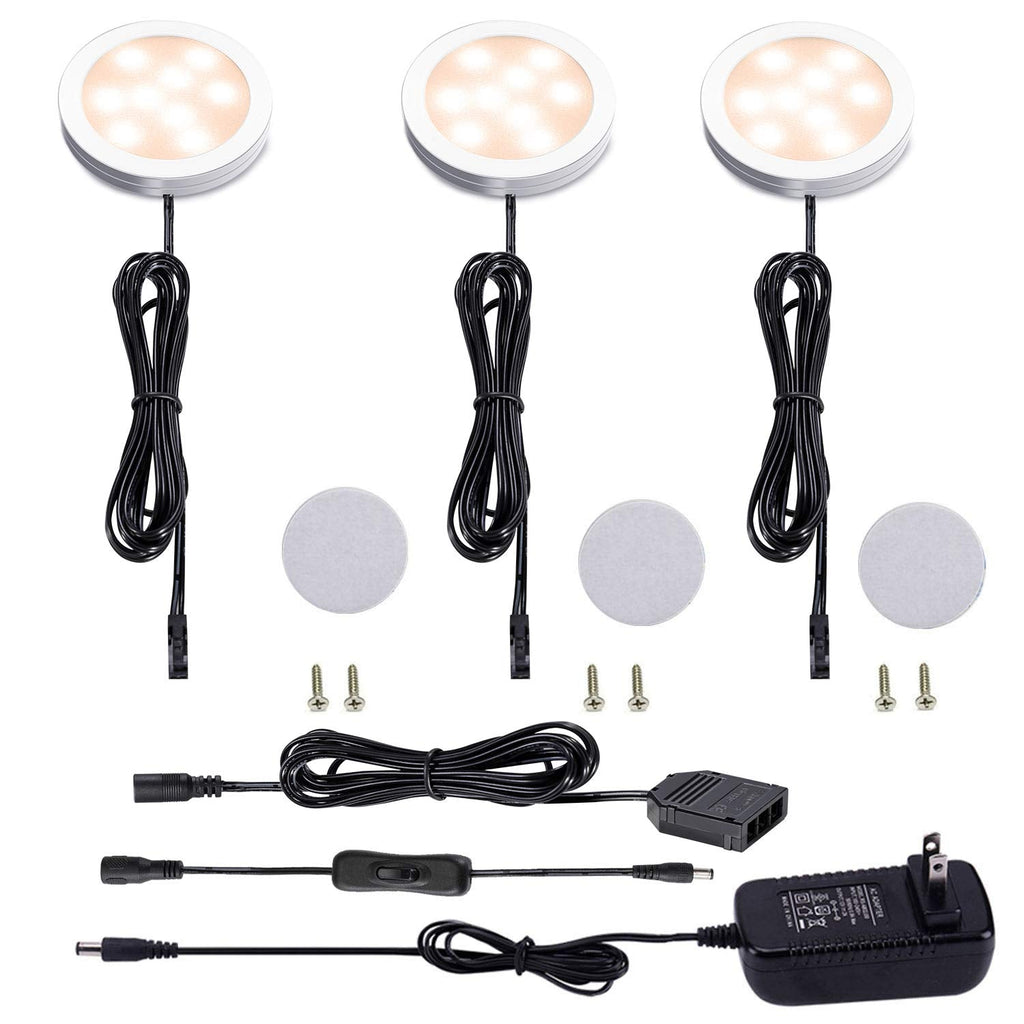 12V LED Under Cabinet Lighting Kit 3 Packs Slim Aluminum Puck Lights with 2-Way Switch All Accessories Included