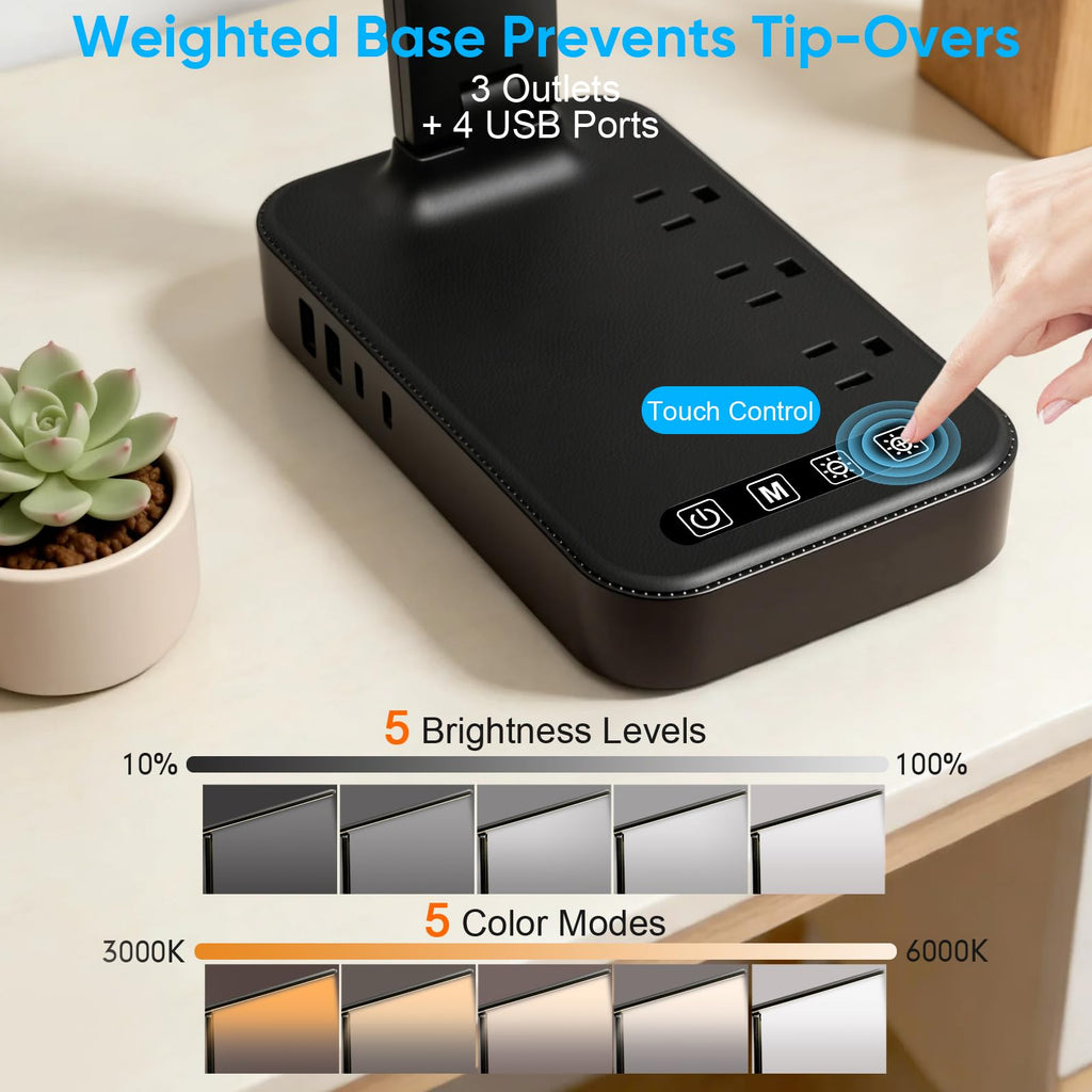 LED Desk Lamp with Power Strip, 3 AC Outlets & 4 USB Ports (2 USB-C), Eye-Caring Task Light, 5 Color Modes 5