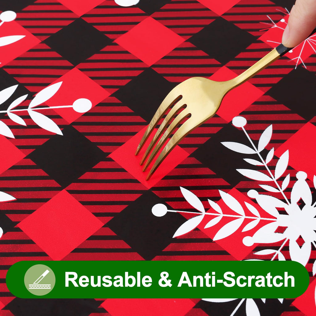Christmas Rectangle Table Cloth, Waterproof Vinyl Tablecloth with Flannel Backing, Wipeable Bufflo Checked Snowflake