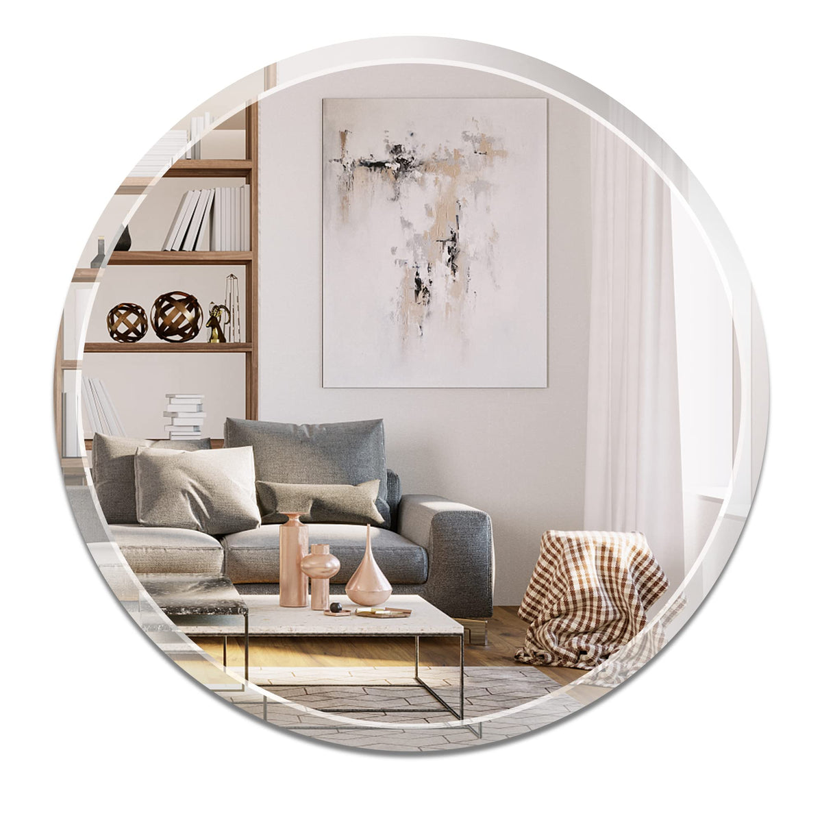 Round Frameless Wall Mirror, 36 Inch, HD Float Glass, Beveled Edge