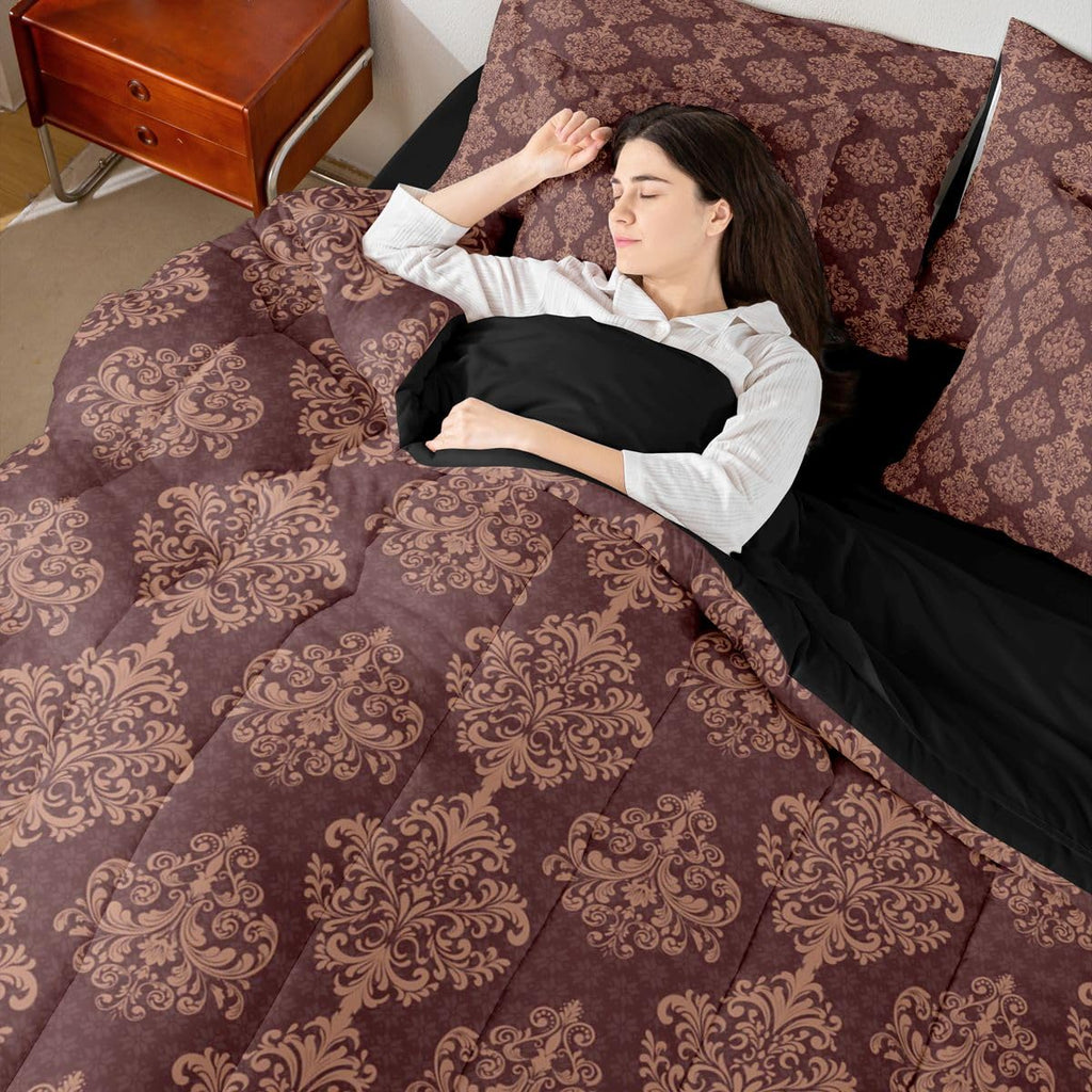 Brown Gothic Comforter Set with Sheets 7 Piece Exotic Floral Damask Bed in A Bag Baroque Vintage Flowers