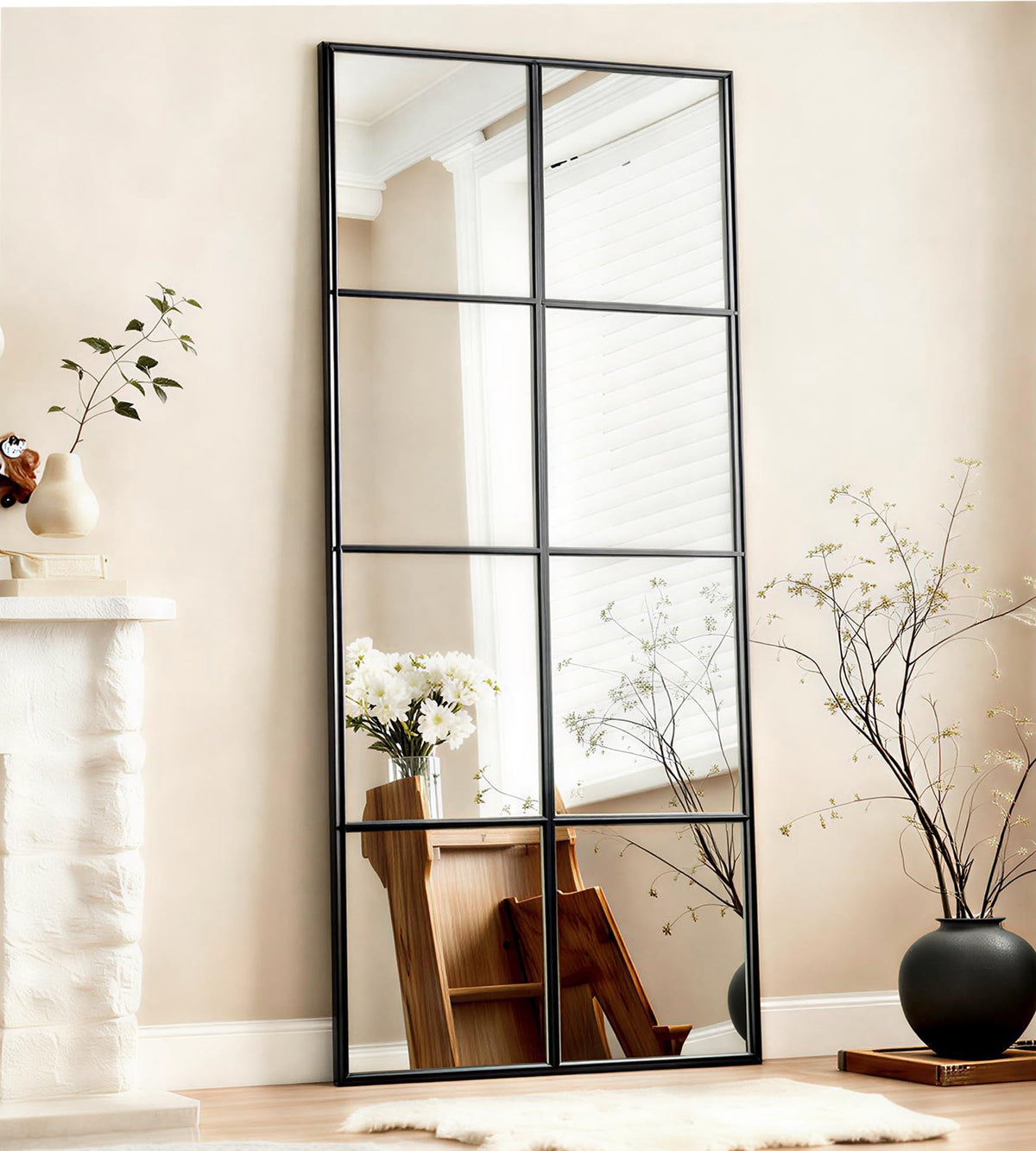 Full Length Mirror, 56"x22" Standing Windowpane Wall Mirror (Black)
