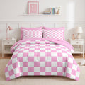 Comforter Set with Sheets, 7 Pieces Pink Plaid Bedding