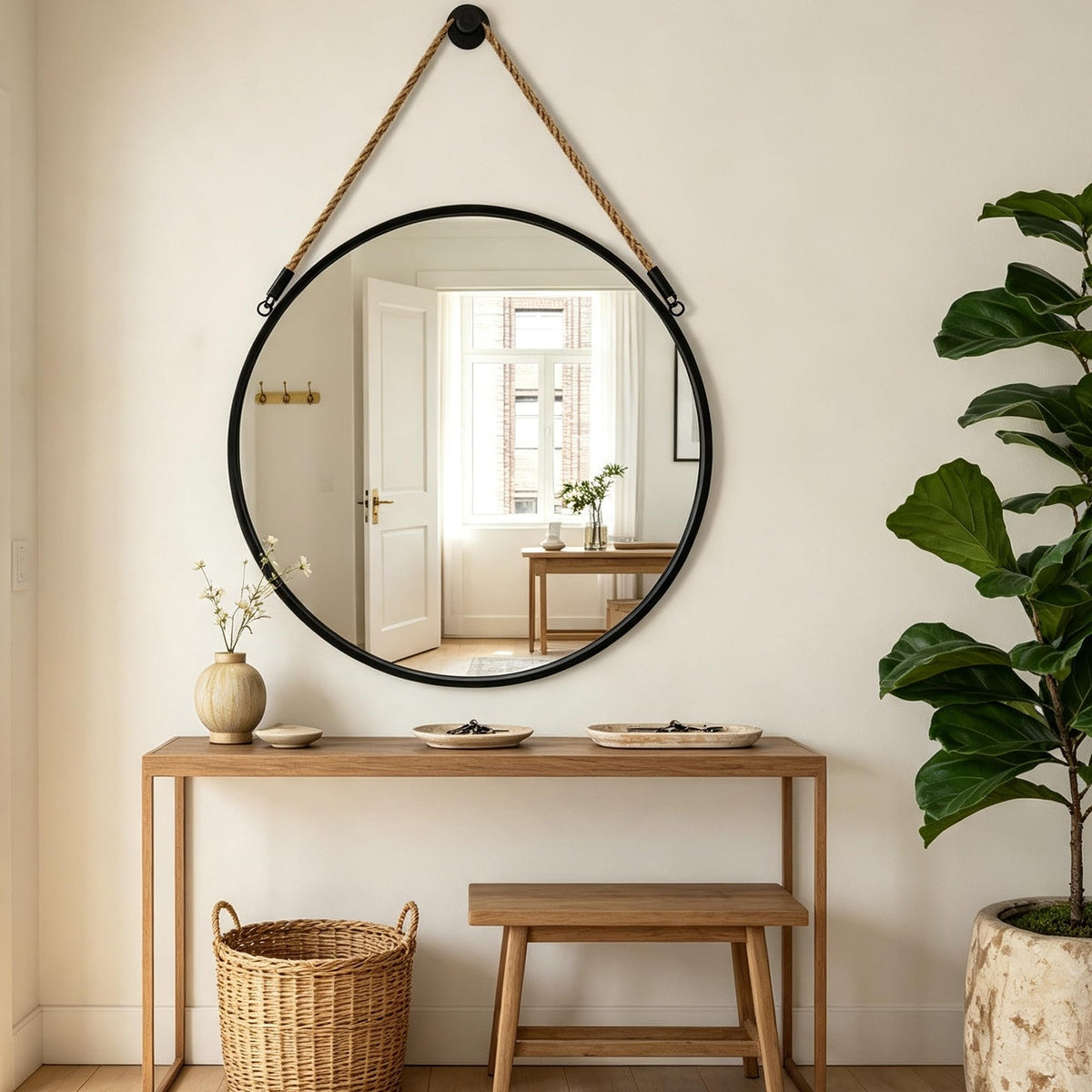 24" Round Wall Mirror with Jute Rope, Circle Hanging Mirror for Wall