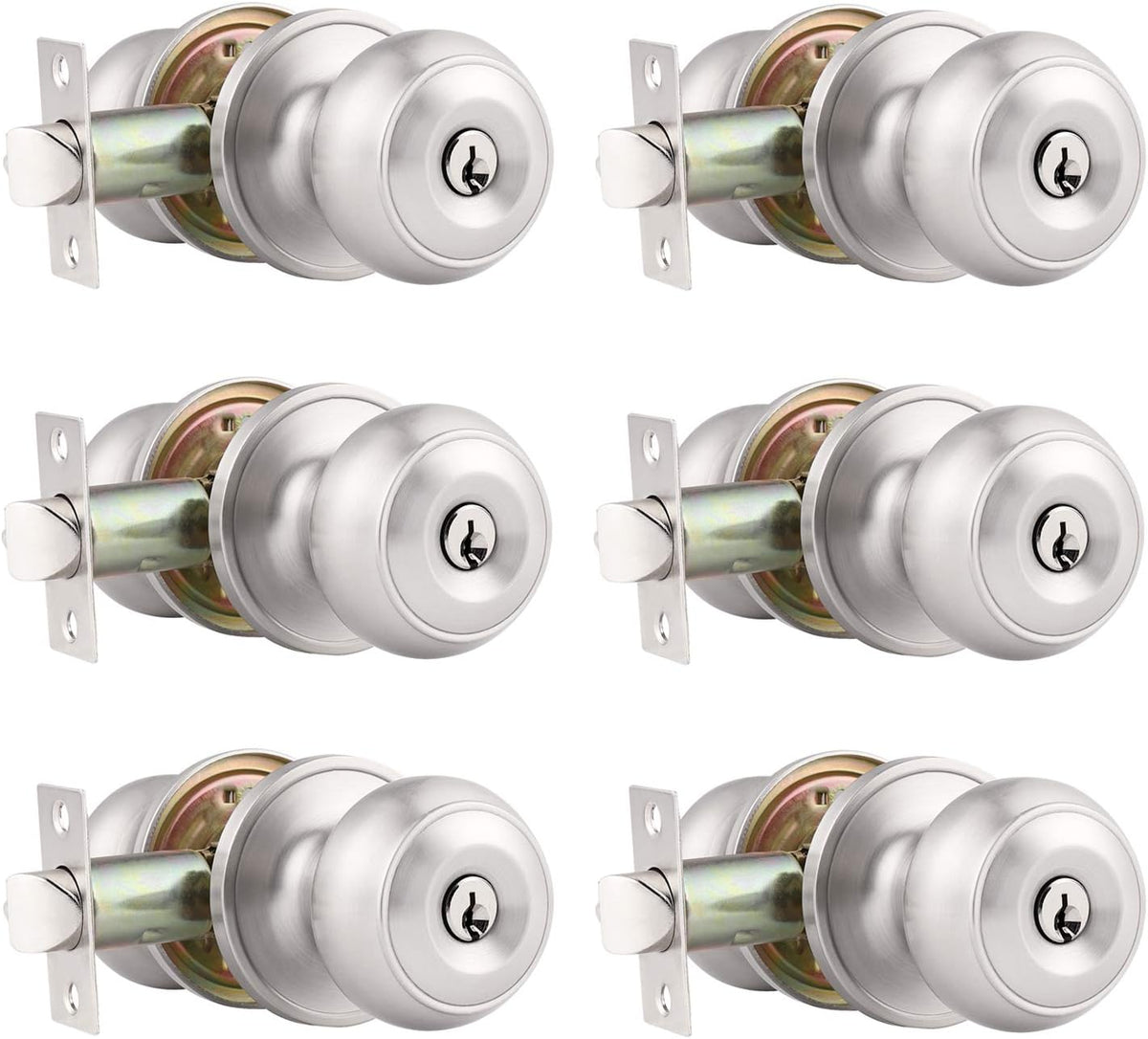 6 Pack) Satin Nickel Round Entry Door Knobs Keyed Alike, Exterior/Interior Door Handles Bedroom Bathroom/Front/Offic