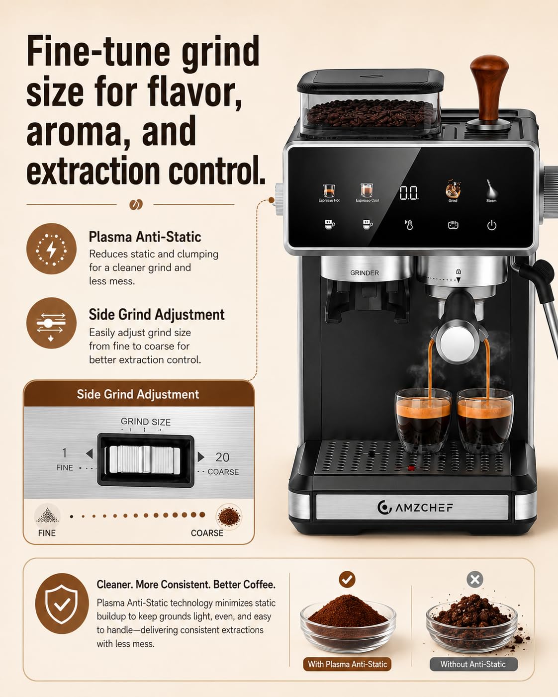 Espresso Machine with Grinder, 20 Bar, Latte & Cappuccino, Black