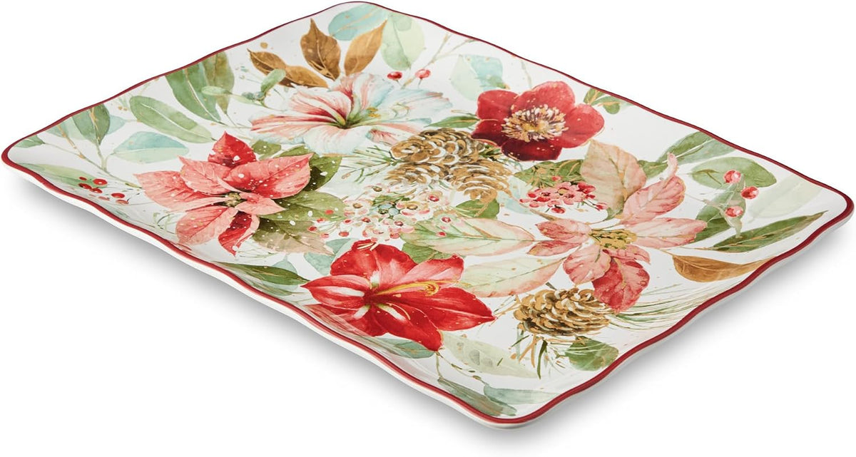Winter Blooms Holiday Rectangular Platter - 16" x 12" Ceramic Serving Tray with Poinsettia Design - Dishwasher Safe
