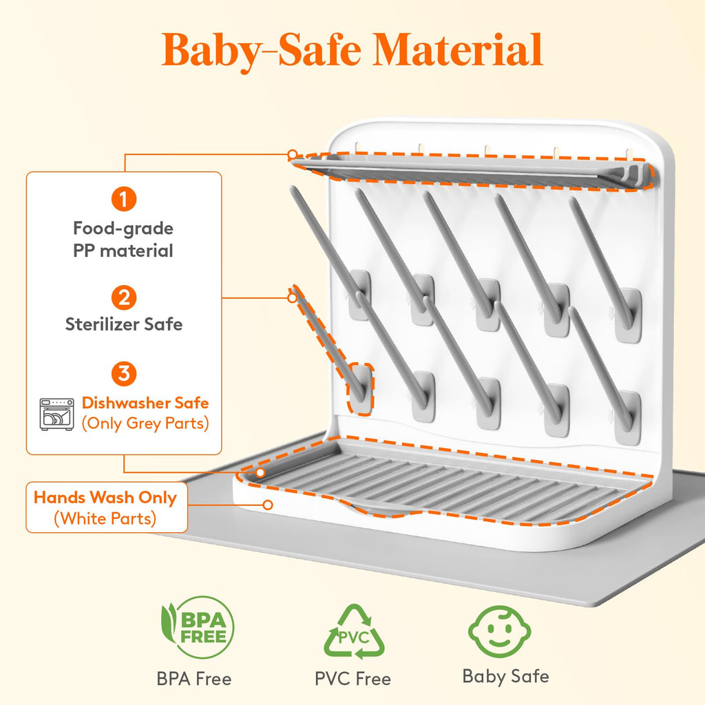 10-Hooks Baby Bottle Drying Rack with Drain Mat for Countertop