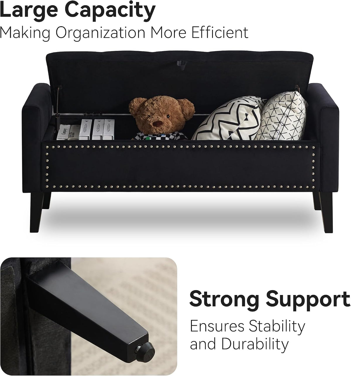 47" Velvet Storage Bench, Upholstered Bed Bench with Storage, End of Bed Ottoman with Wooden Legs,Bedside Storage