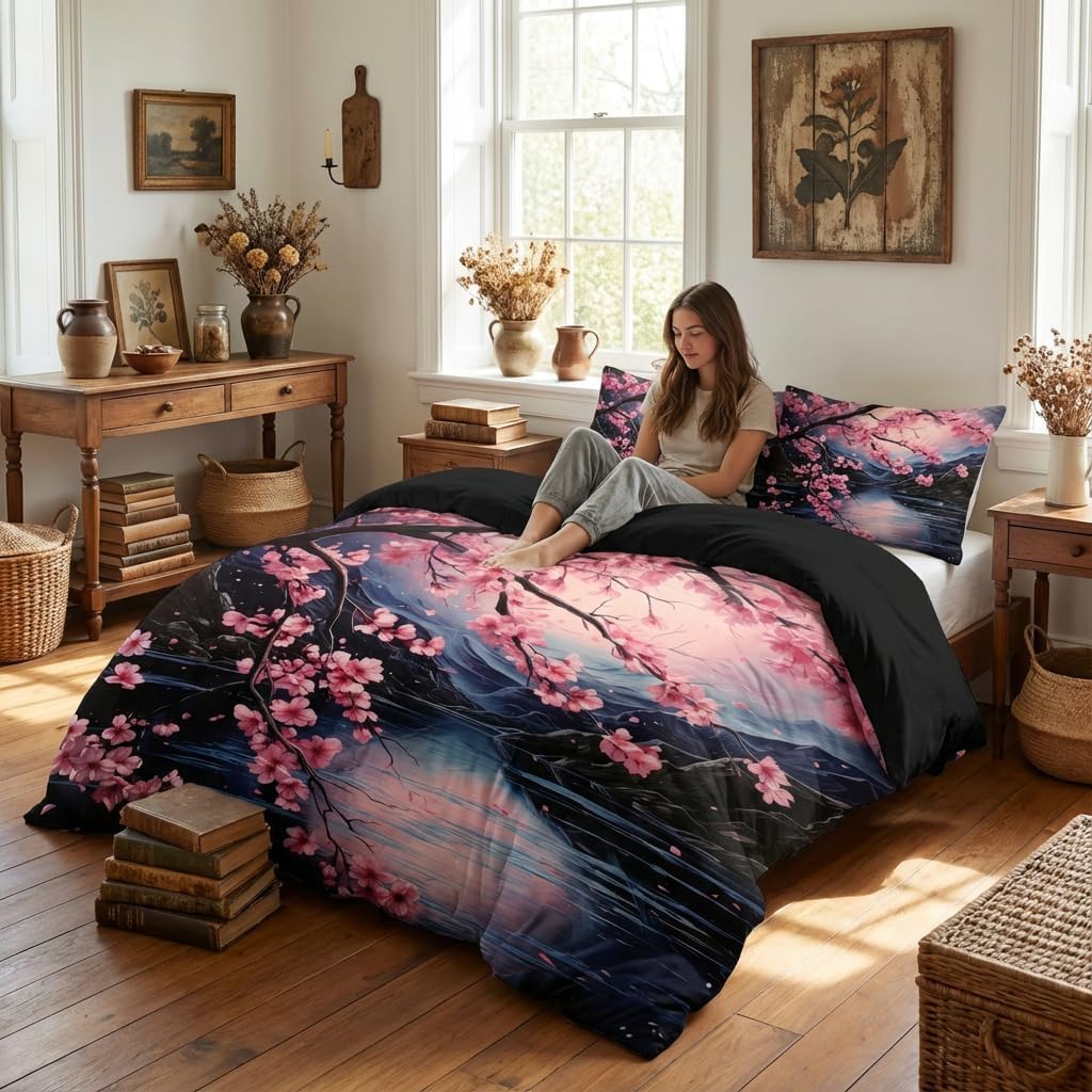 Cherry Blossoms Bedding Set Queen Size, Black Pink Japanese Comforter Set for Girls, 3Pcs Soft Microfiber Quilted Set