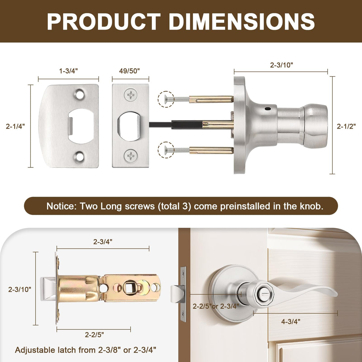 6 Pack Privacy Door Handle Brushed Nickel, Keyless Bedroom Interior Door Handles with Lock Modern Door Handles Wave