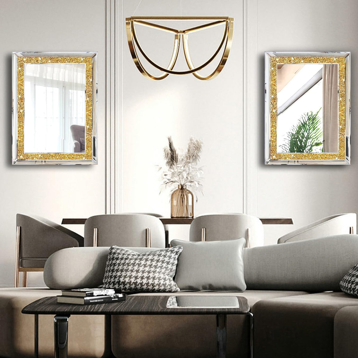 2 Piece Wall Mirrors, Crush Diamond Wall Decor, Gold Color Decorative Mirrors . (11'x15')