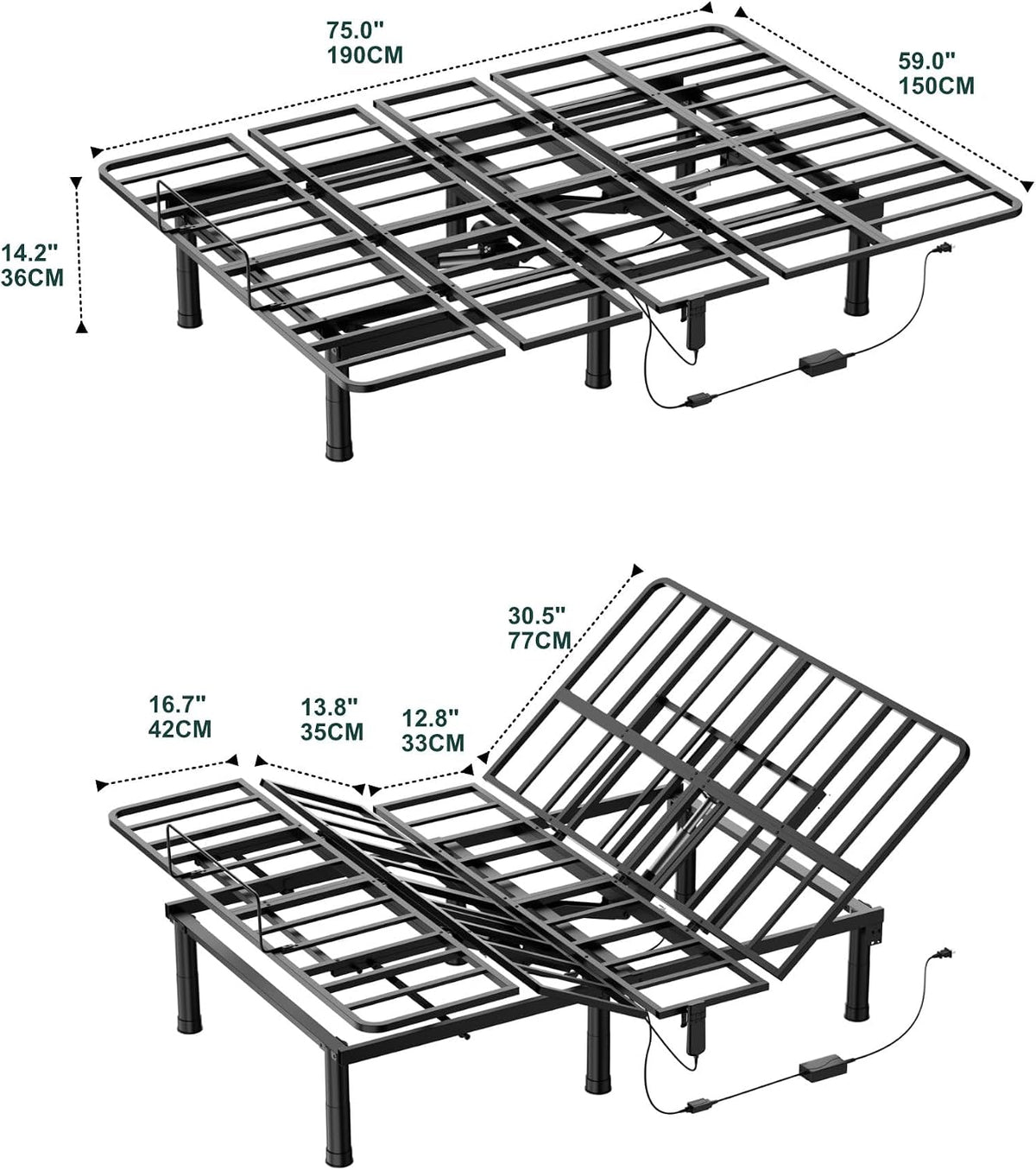 Queen Adjustable Bed Frame, Wired Remote Control, Independent Head and Foot Incline, Electric Bed Frame Base