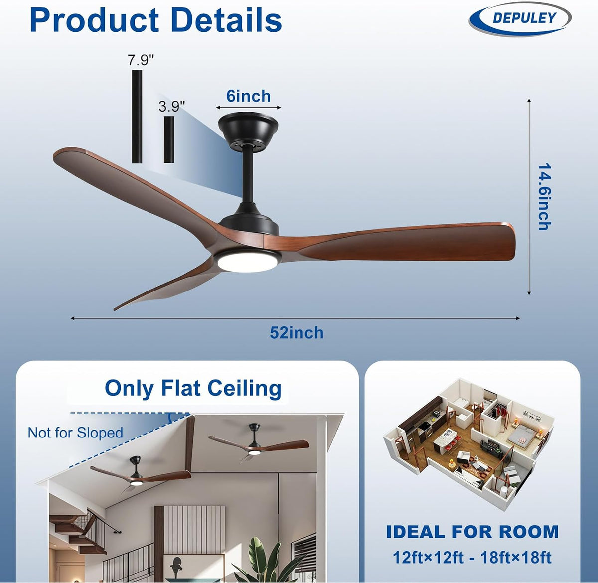 52" Walnut Indoor/Outdoor Ceiling Fan with Light & Remote