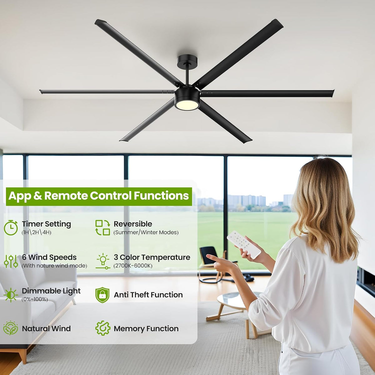 96 Inch Industrial Ceiling Fan with Light,Large Ceiling Fan with Remote and APP,6 Reverisble Aluminum Blades,6-Speed,Indoor,Outdoor Ceiling Fans for Patios/Shop/Garage/Commercial Black
