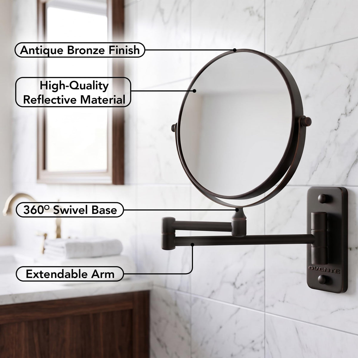 7" Wall Mounted Makeup Mirror, Antique Bronze
