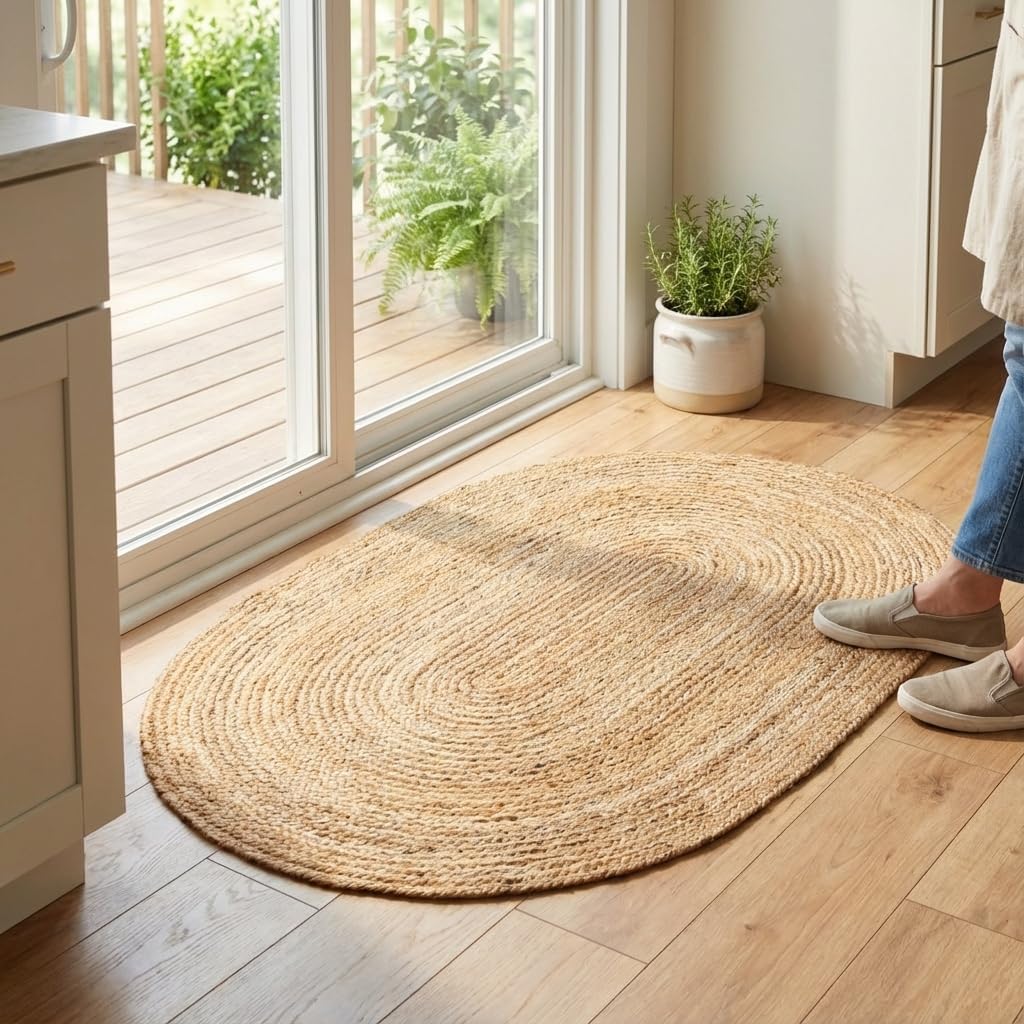 Boho Oval Jute Rug - Reversible Natural Fiber Hearth Carpet- Eco Friendly Floor Covering - Doorway Hand Woven