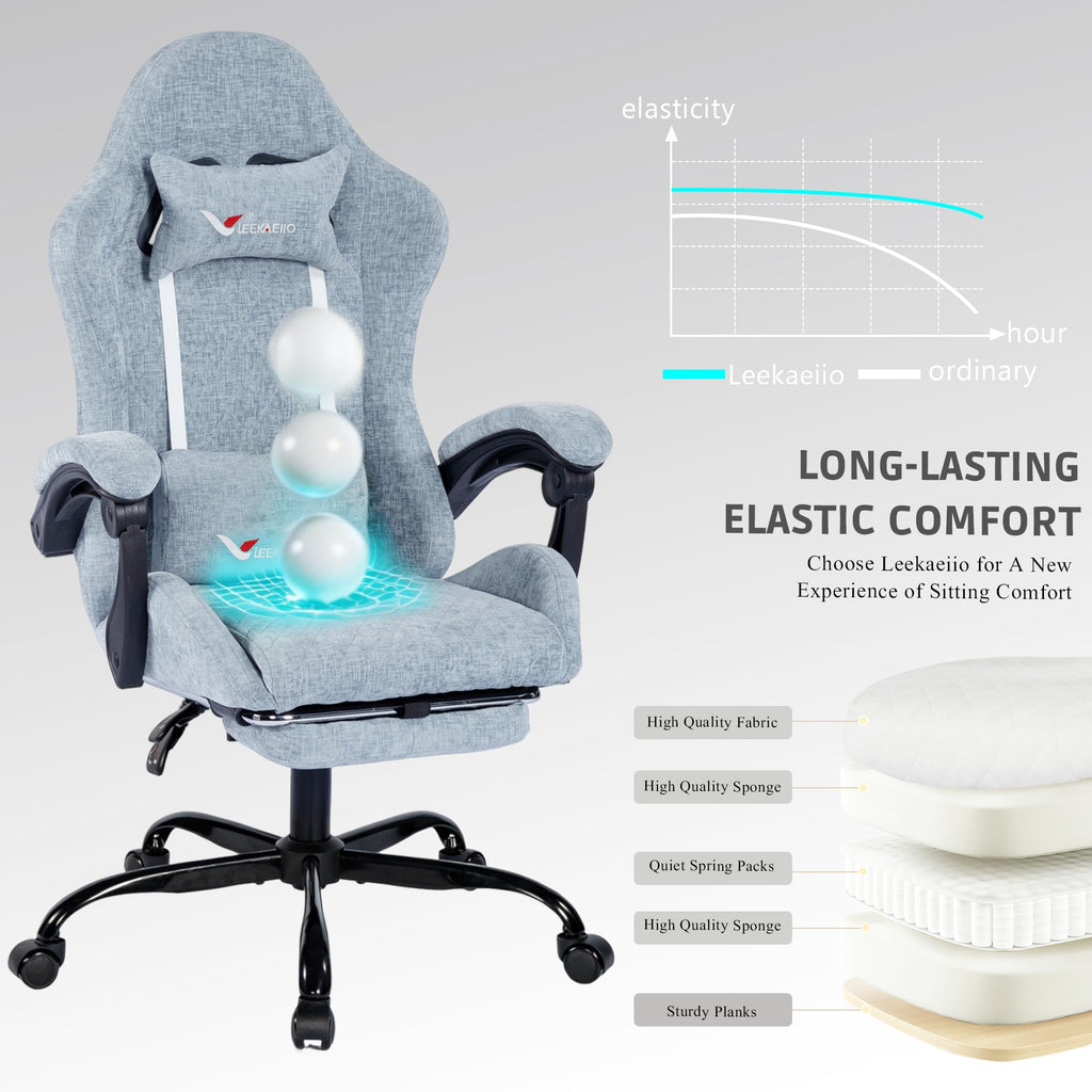 Fabric Gaming Chair for Adults, Ergonomic Computer Office Desk Chair with Footrest, Pocket Spring Cushion, Reclining