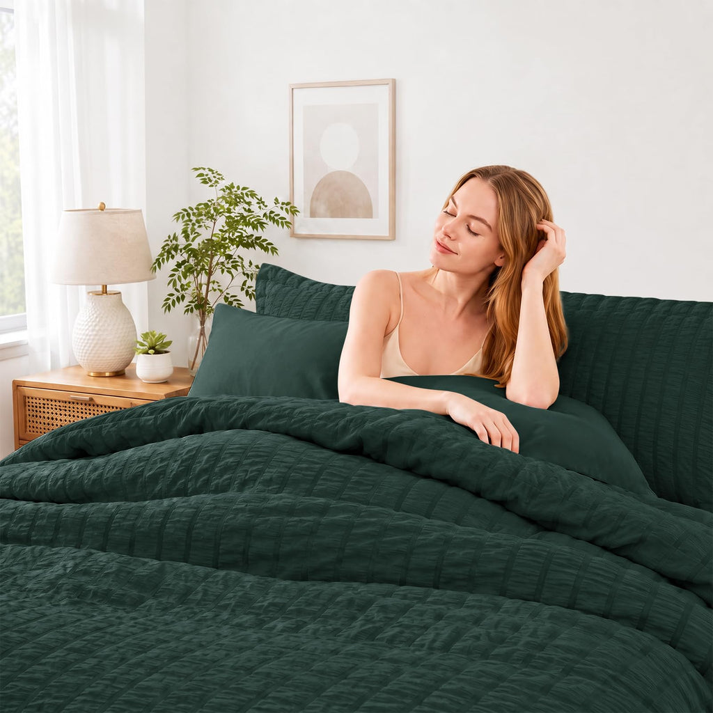 Comforter Set, 7-Piece Seersucker Bed in a Bag, Forest Green