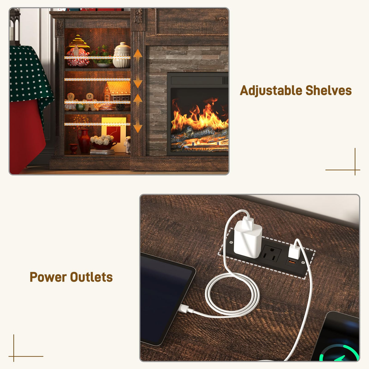 85" Electric Fireplace with Mantel, Rustic Brown