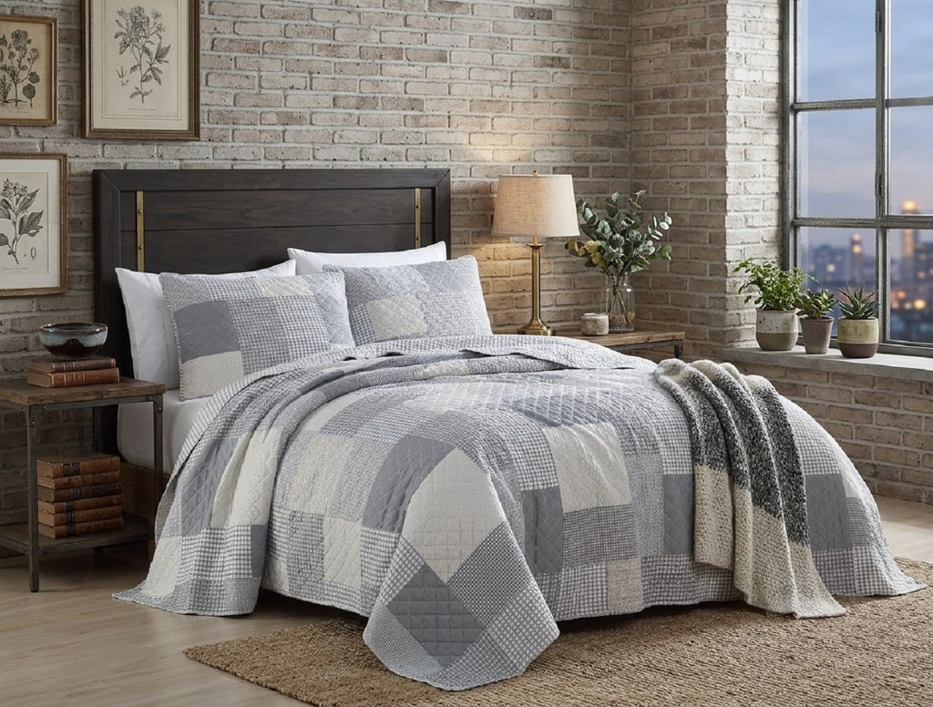 Anderson 3-Piece Printed Patchwork Quilt Set, Lightweight Polyester Cover with 100% Cotton Filling, Modern Gray Plaid