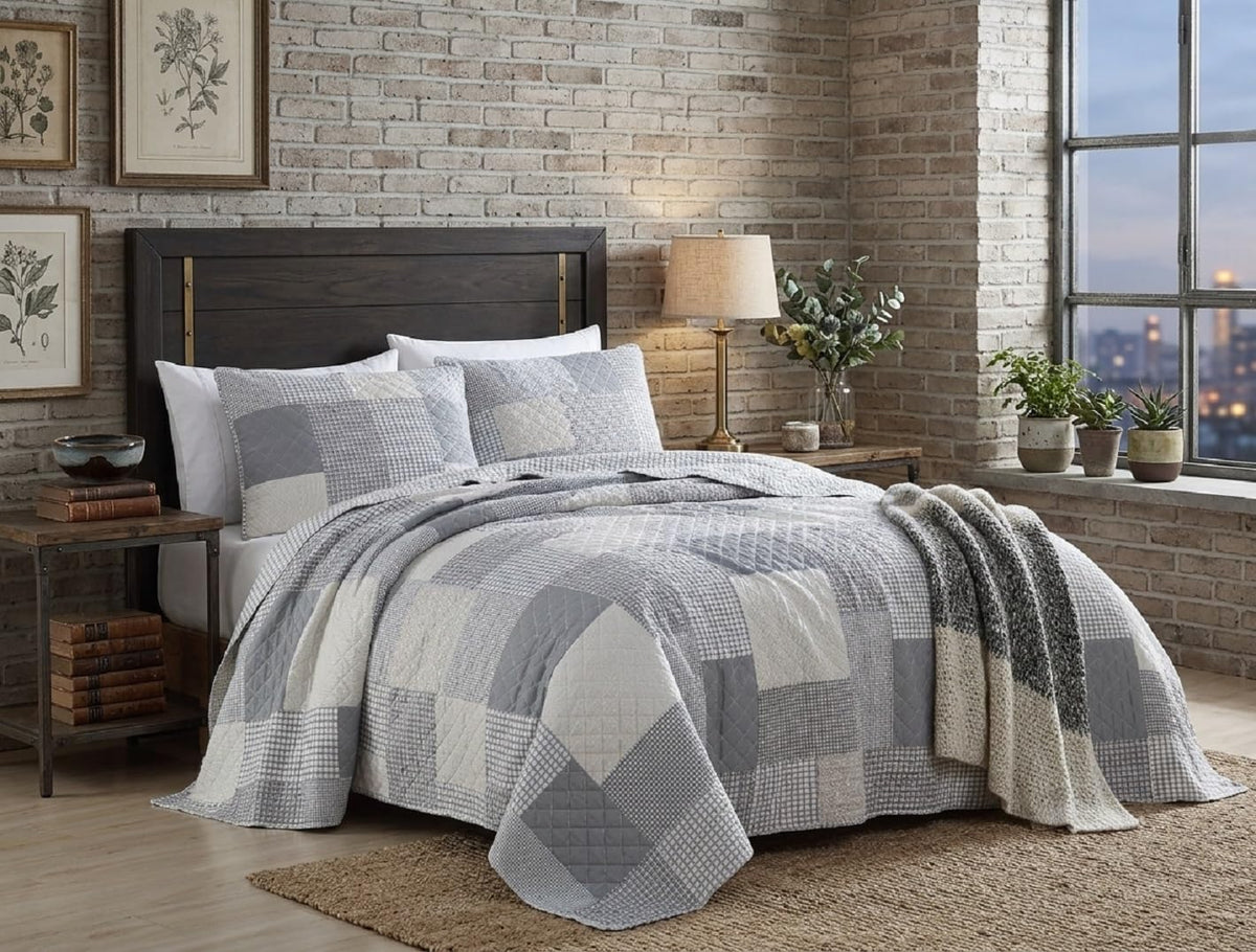 Anderson 3-Piece Printed Patchwork Quilt Set, Lightweight Polyester Cover with 100% Cotton Filling, Modern Gray Plaid