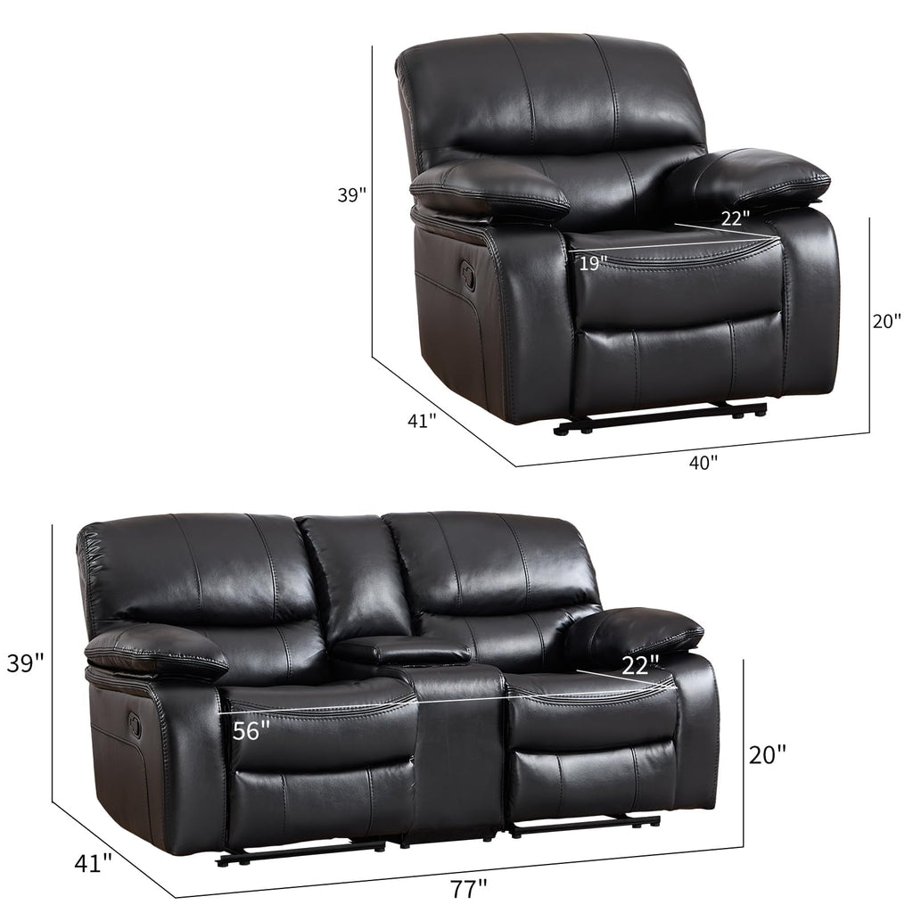 Faux Leather Manual Recliner Sofa Set, Americana Minimalist 2 Recliner Chairs and 1 Reclining Loveseat with Center